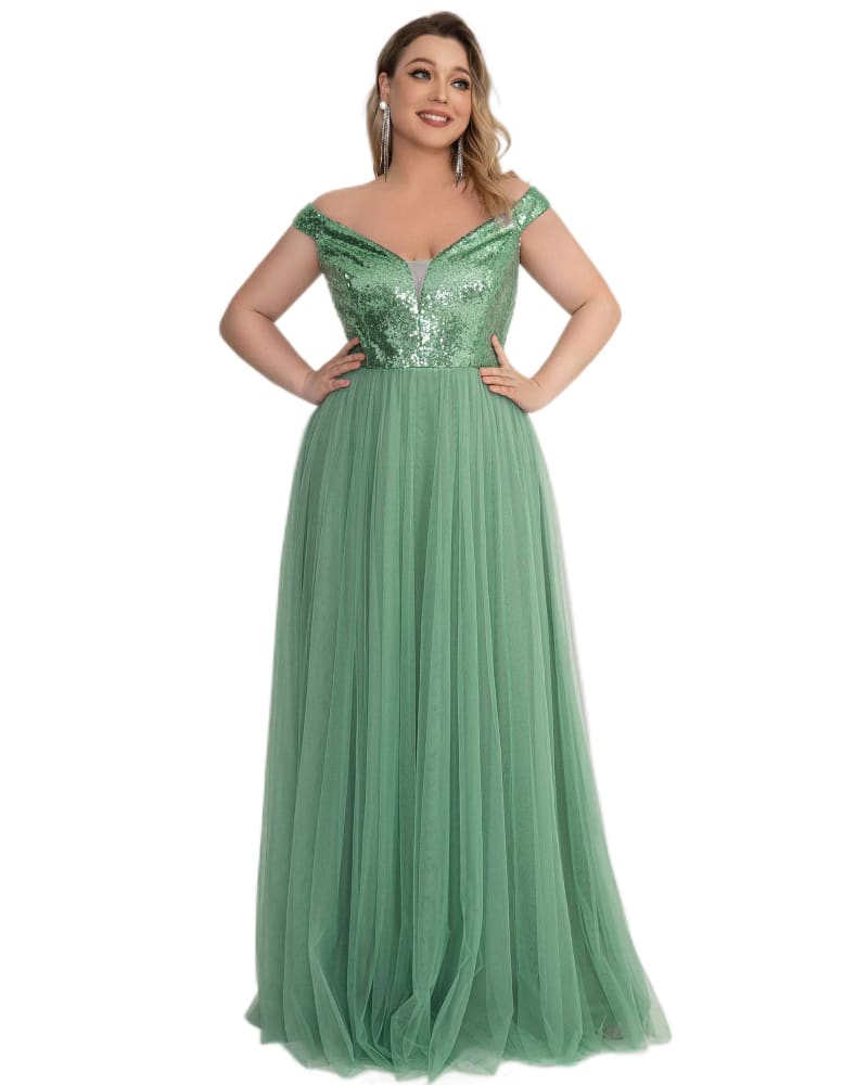 Front of a model wearing a size 24 Sequin Off the Shoulder Maxi Tulle Evening Dress in Green Bean by Ever-Pretty. | dia_product_style_image_id:302619